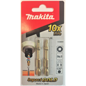 2x 50mm Makita Gold Impact SQ2 bit - Squaredrive Robertson Vierkant - Magnetisch - GEHARD